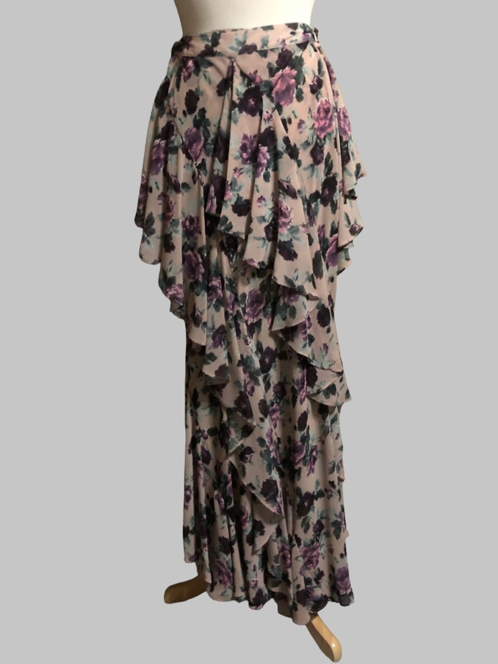 Hazel Asymmetric Cascading Ruffle Floral Maxi Skirt - Small